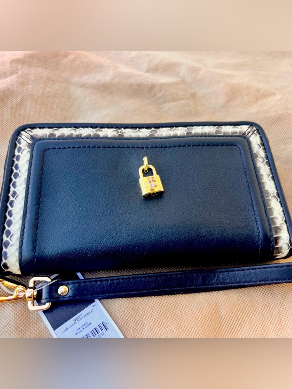Black Leather Wristlet Wallet with Gold Padlock Charm